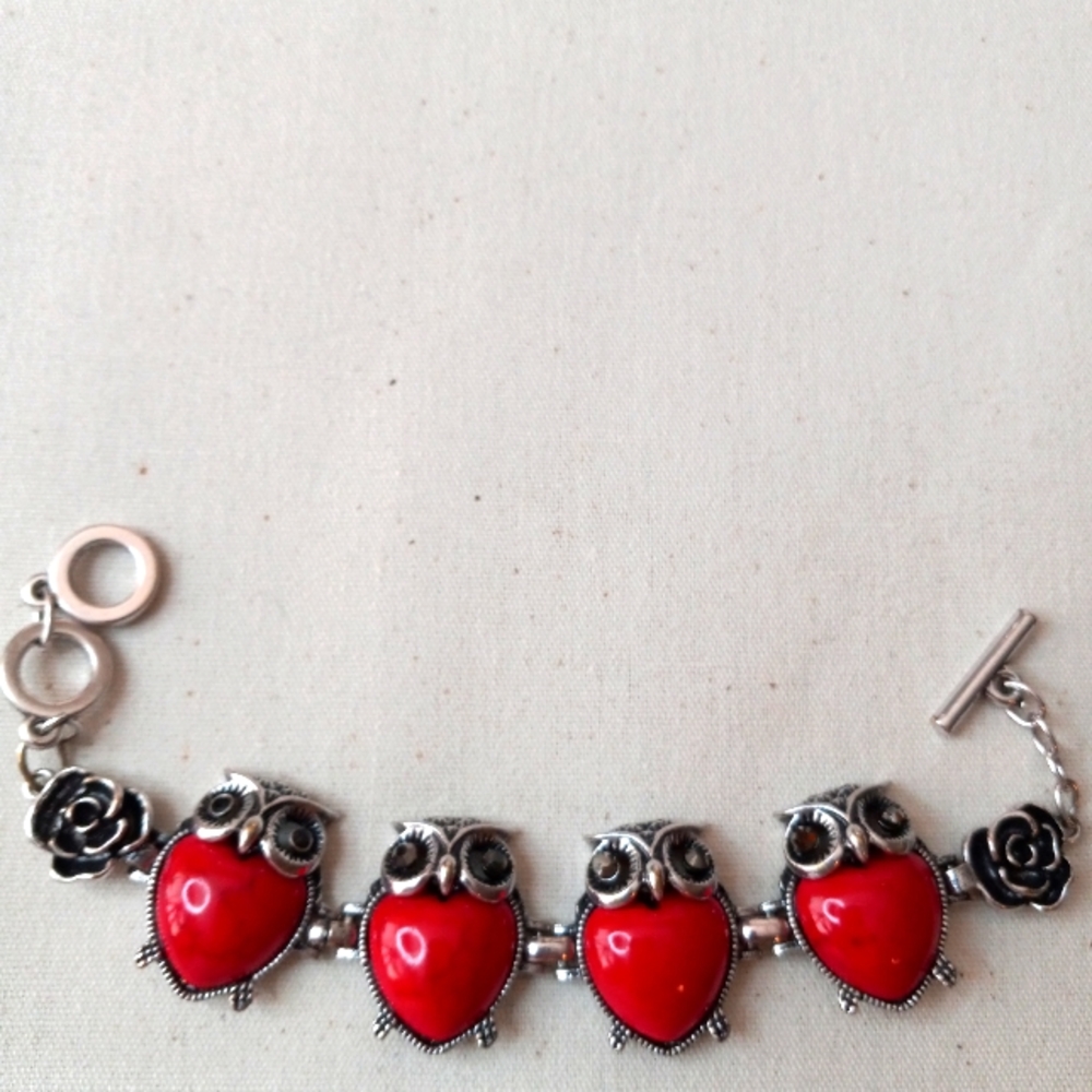 Owl Statement Bracelet With Red Heart Stones